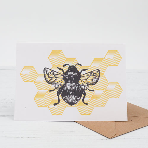 Bumblebee honeycomb linocut print greetings card