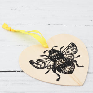 Bumblebee linocut wooden heart hanging decoration