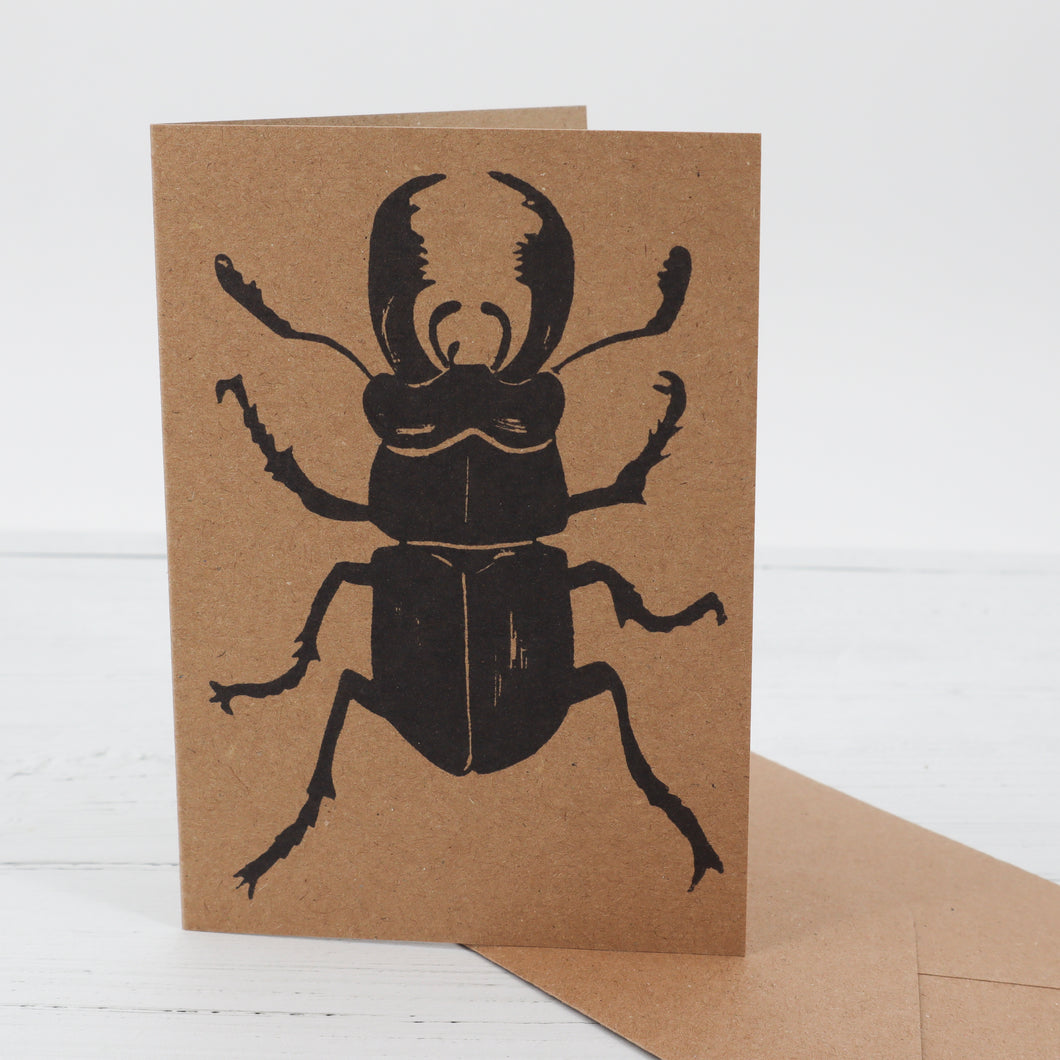Stag beetle linocut print greetings card
