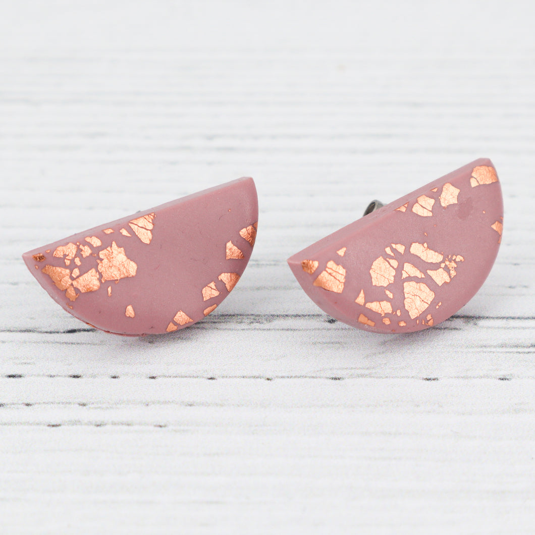 Dusky pink semi-circle rose gold fleck studs