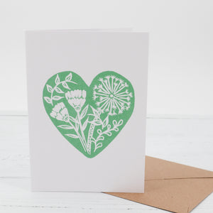 Green heart botanical linocut print greetings card