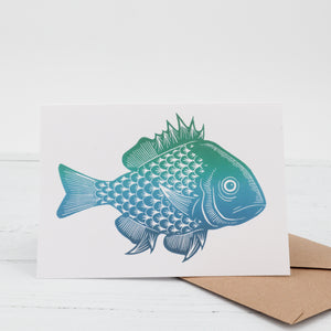 Blue gradient fish linocut print greetings card