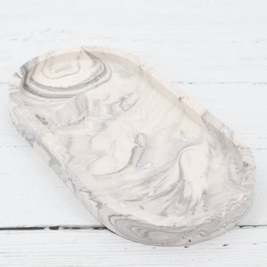 Handmade jesmonite white and grey marble with silver leaf detail oval tray