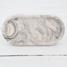 Load image into Gallery viewer, Handmade jesmonite white and grey marble with silver leaf detail oval tray