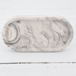 Handmade jesmonite white and grey marble with silver leaf detail oval tray