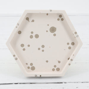 Handmade jesmonite white with grey dots hexagon coaster