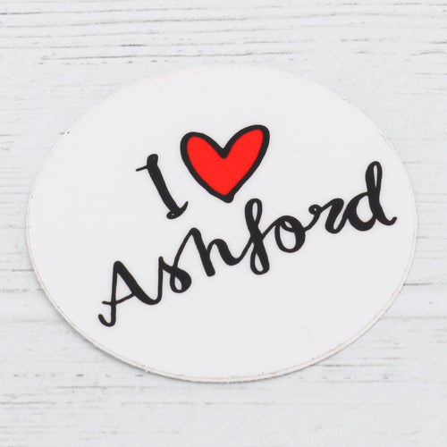 I love Ashford merch font sticker round