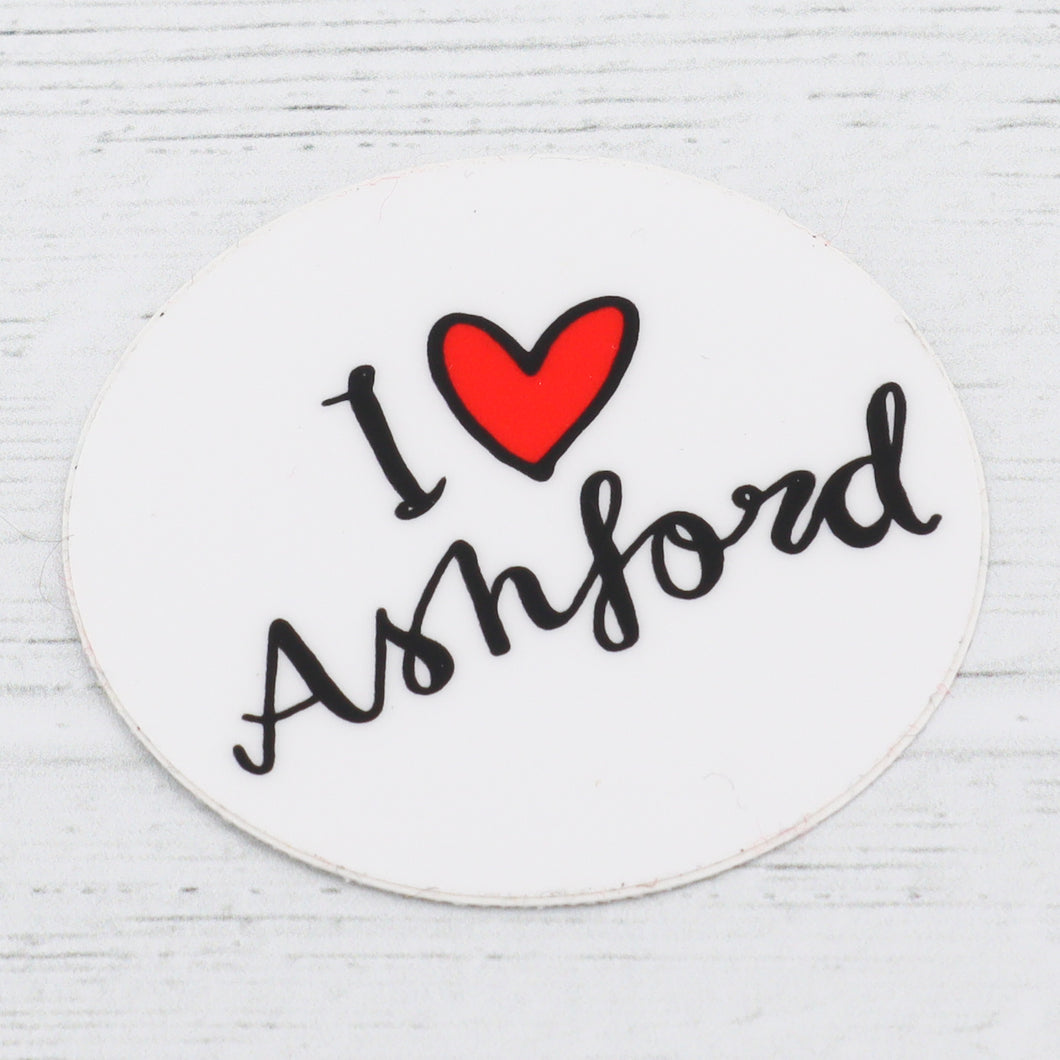 I love Ashford merch font sticker round