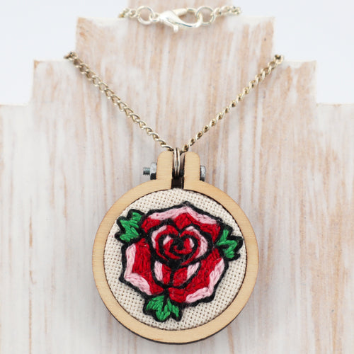 Tattoo rose hand embroidered necklace