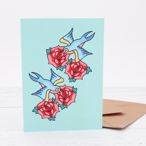 Swallows and roses greetings card