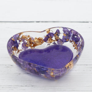 Purple floral with gold leaf flakes heart resin trinket dish