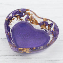 Load image into Gallery viewer, Purple floral with gold leaf flakes heart resin trinket dish