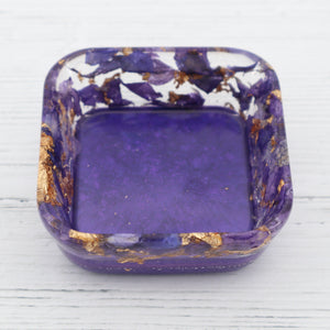 Purple floral with gold leaf flakes square resin trinket dish