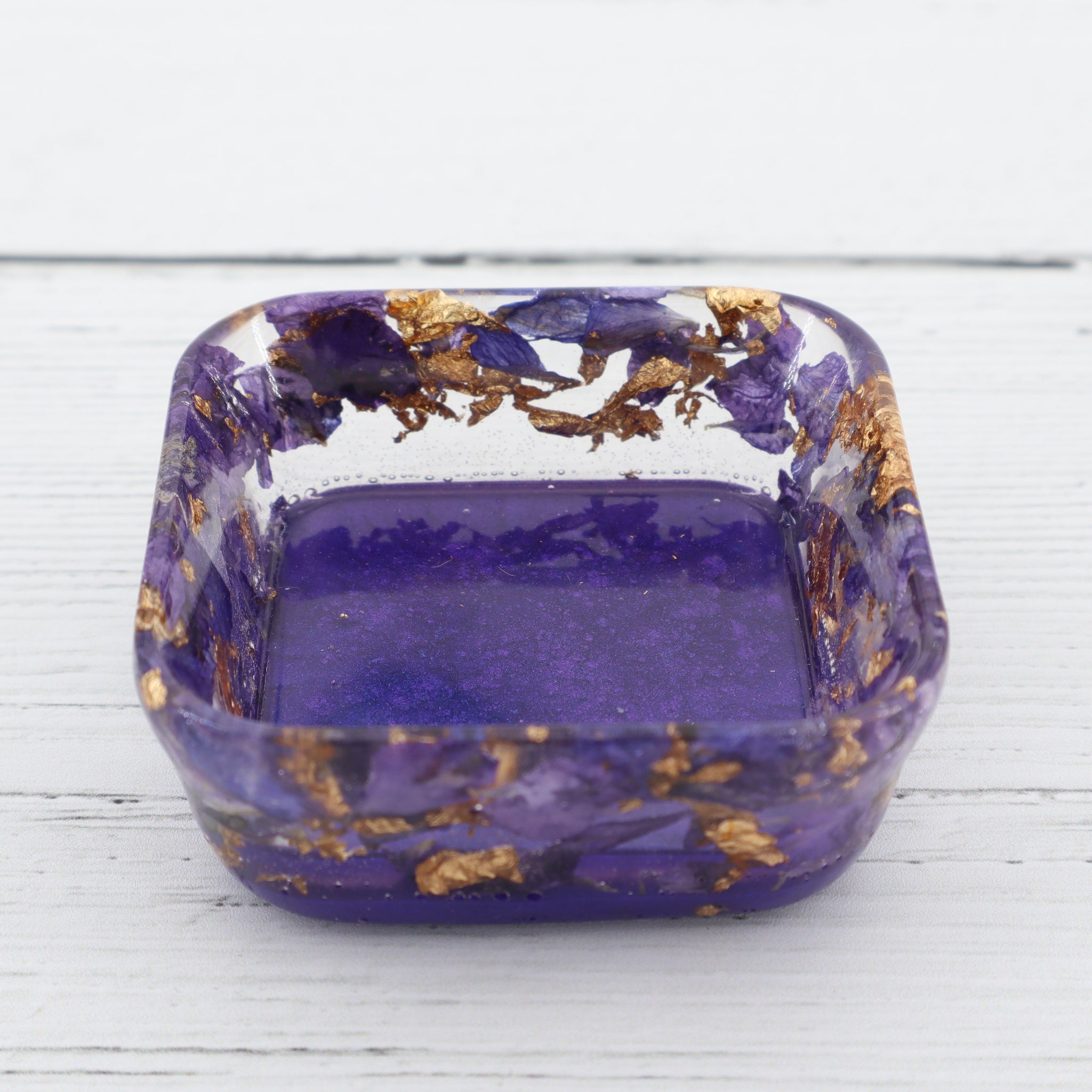 Purple floral with gold leaf flakes square resin trinket dish Made in Ashford