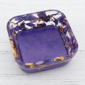 Purple floral with gold leaf flakes square resin trinket dish