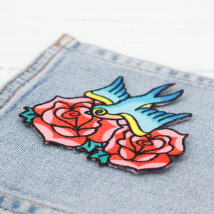 Swallow and roses iron on patch