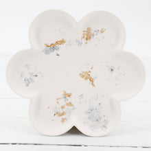 Load image into Gallery viewer, Handmade jesmonite white with gold and silver foil leaf detail flower tray dish