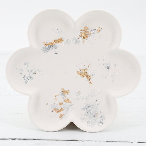 Handmade jesmonite white with gold and silver foil leaf detail flower tray dish