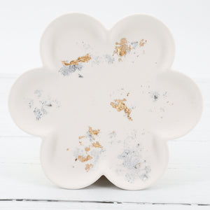 Handmade jesmonite white with gold and silver foil leaf detail flower tray dish