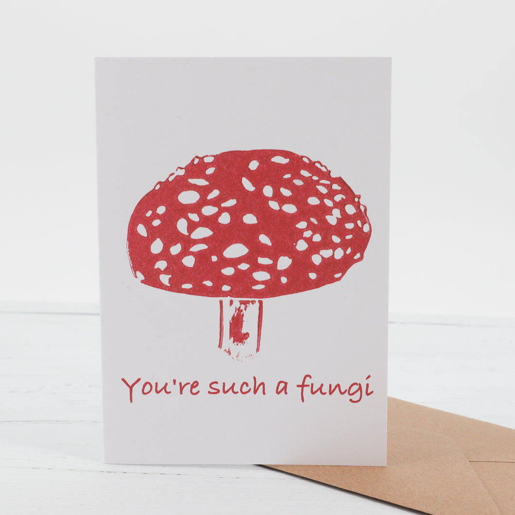 Such a Fungi pun linocut print greetings card