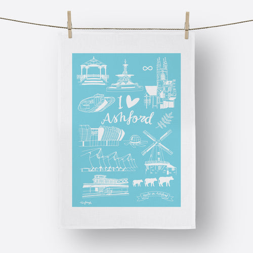 Blue I love Ashford illustrated tea towel