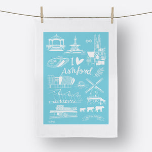 Blue I love Ashford illustrated tea towel