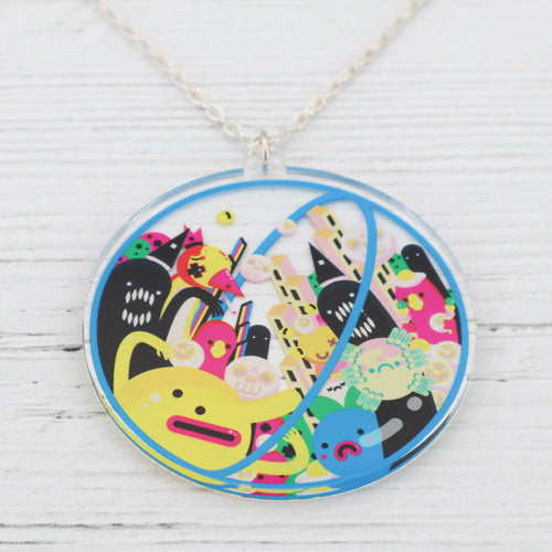 Double sided space creature urban art pendant necklace