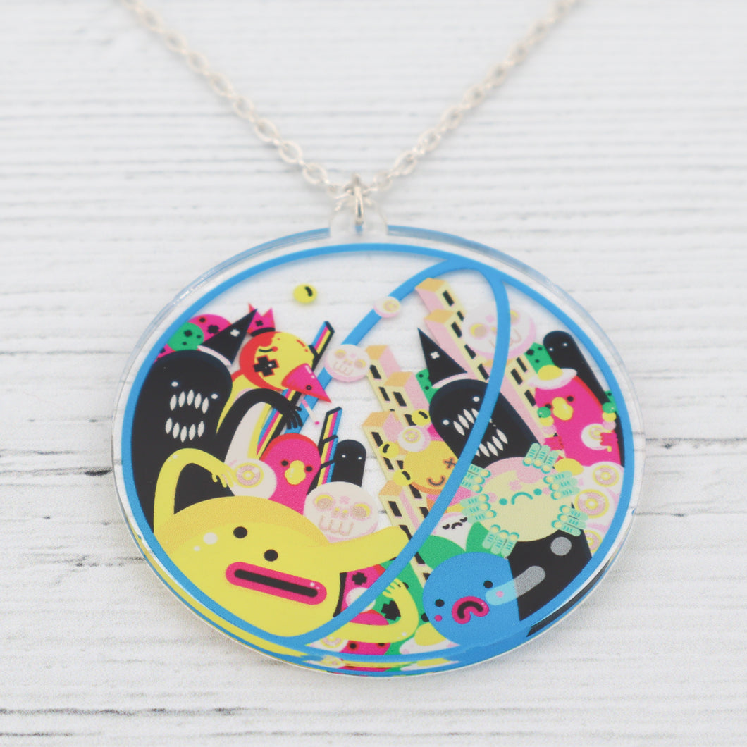 Double sided space creature urban art pendant necklace