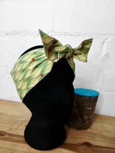 Headscarf in green geometric vintage cotton