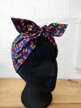 Load image into Gallery viewer, Headscarf in navy strawberries cotton