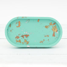 Load image into Gallery viewer, Handmade jesmonite oval tray - coloured variations with gold, silver and copper leaf detail