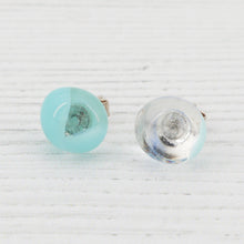 Load image into Gallery viewer, Sterling silver stud earrings with hand cut, kiln formed glass fusion murrini