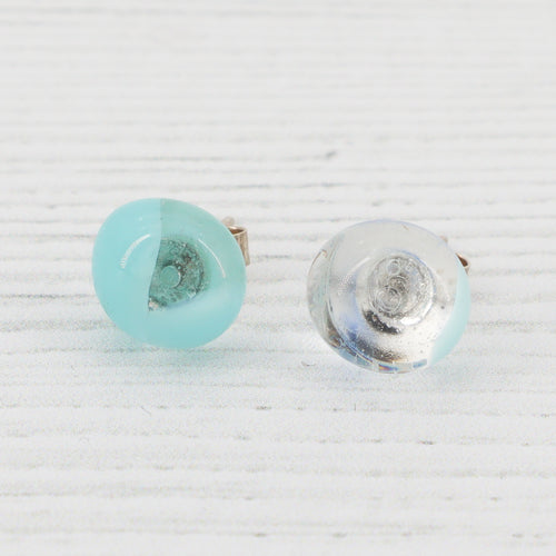 Sterling silver stud earrings with hand cut, kiln formed glass fusion murrini