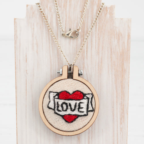 Love heart and scroll tattoo hand embroidered necklace