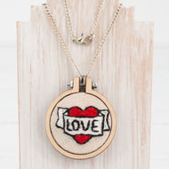 Love heart and scroll tattoo hand embroidered necklace
