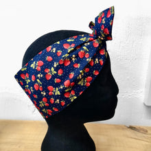 Load image into Gallery viewer, Headscarf in navy strawberries cotton