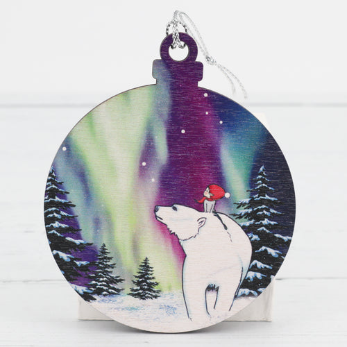 Northern lights polar bear wooden decoration