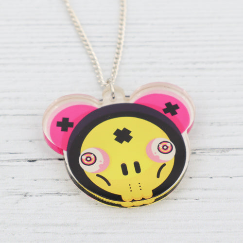 Yellow and pink skull mouse urban art pendant necklace