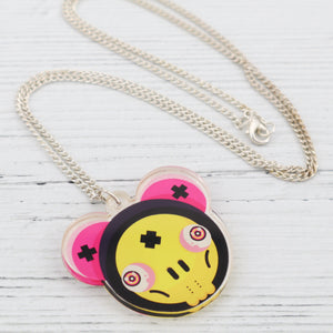 Yellow and pink skull mouse urban art pendant necklace